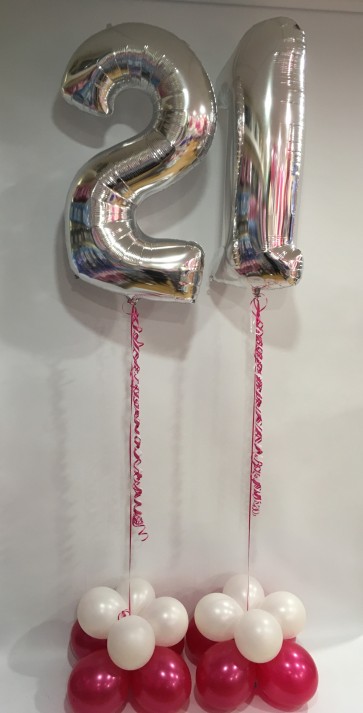 Age 21 Silver Numbers with a Hot Pink & White Balloon Base 