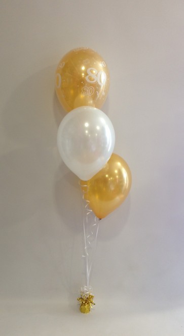 Age 80 Gold and White 3 Latex Staggered Balloon Bouquet 