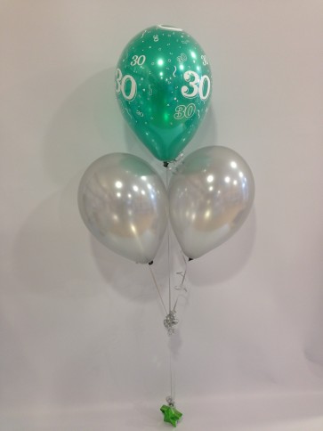 Age 30 Emerald Green and Silver 3 Latex Pyramid Balloon Bouquet