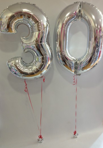 Large Silver 30 Number Balloons (With Red Ribbon)