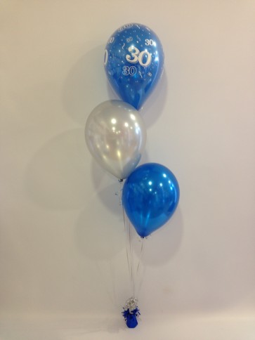 Age 30 Sapphire Blue and Silver 3 Latex Staggered Balloon Bouquet