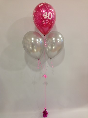 Age 40 Hot Pink and Silver 3 Latex Pyramid Balloon Bouquet