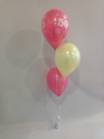 Age 50 Rose Pink and Ivory 3 Latex Staggered Balloon Bouquet