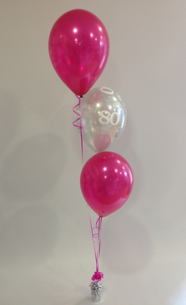 Age 80 Hot Pink and Silver 3 Latex Staggered Balloon Bouquet
