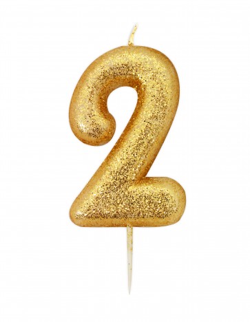 Number 2 Gold Glitter Candle 