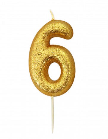 Number 6 Gold Glitter Candle 