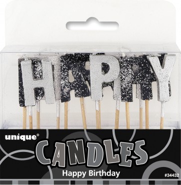 Black and Silver Glitter Happy Birthday Pick Candles