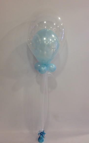Blue First Holy Communion Double Bubble Balloon with Tulle. 