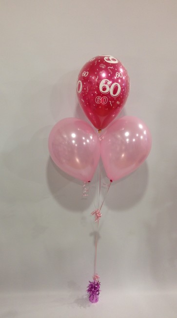 Age 60 Hot Pink and Pale Pink 3 Latex Pyramid Balloon Bouquet