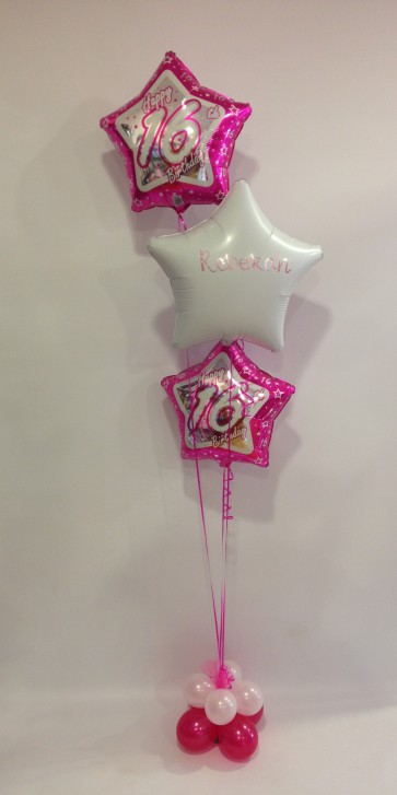 Age 16 Pink & White Star Foil Balloon Bouquet with Double Balloon Base