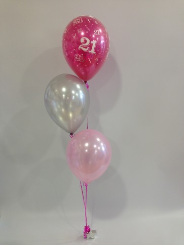 Age 21 Hot Pink, Silver and Pink 3 Latex Staggered Balloon Bouquet