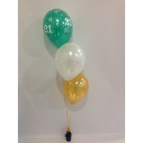 Age 21 Emerald Green, White and Gold 3 Latex Staggered Bouquet. 