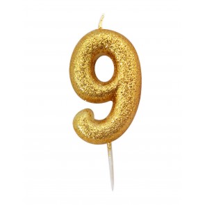 Number 9 Gold Glitter Candle 