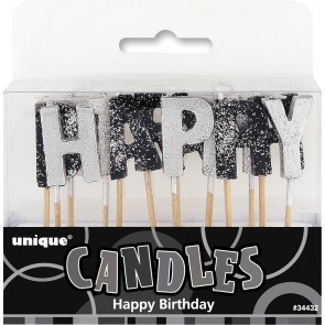 Black and Silver Glitter Happy Birthday Pick Candles